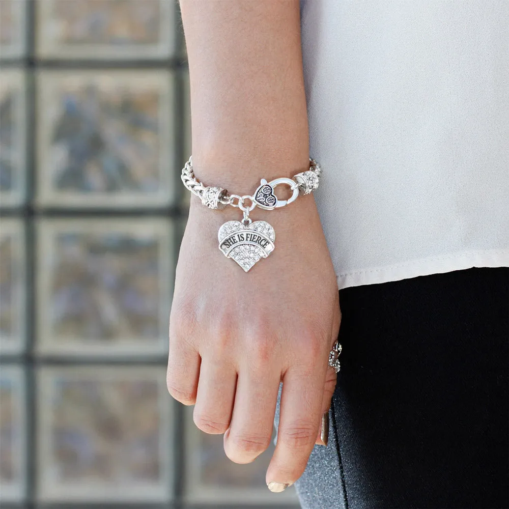 Silver She is Fierce Pave Heart Charm Braided Bracelet