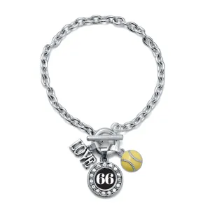 Silver Softball - Sports Number 66 Circle Charm Toggle Bracelet