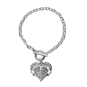 Silver Step-Mom Pave Heart Charm Toggle Bracelet