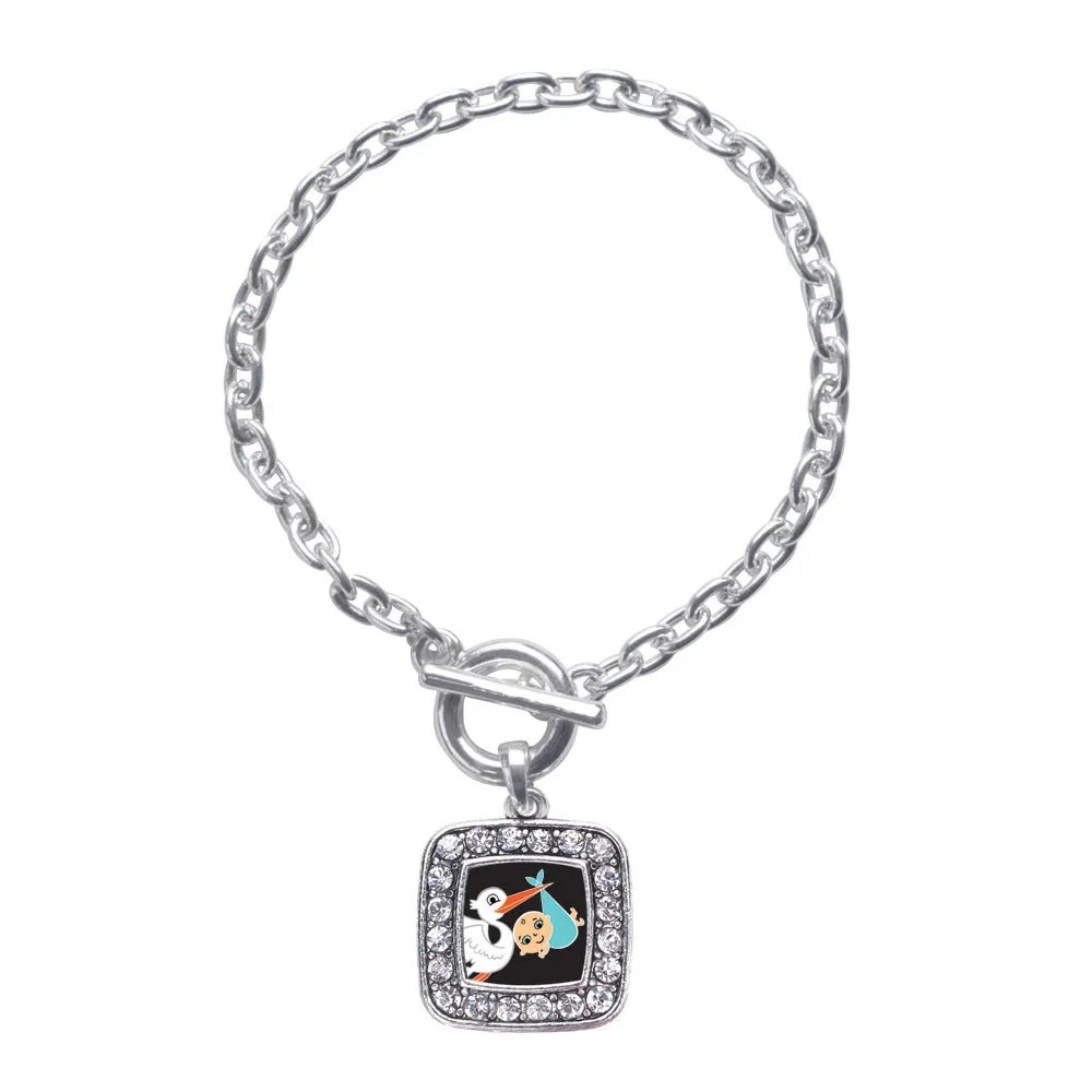 Silver Stork Brings A Boy Square Charm Toggle Bracelet