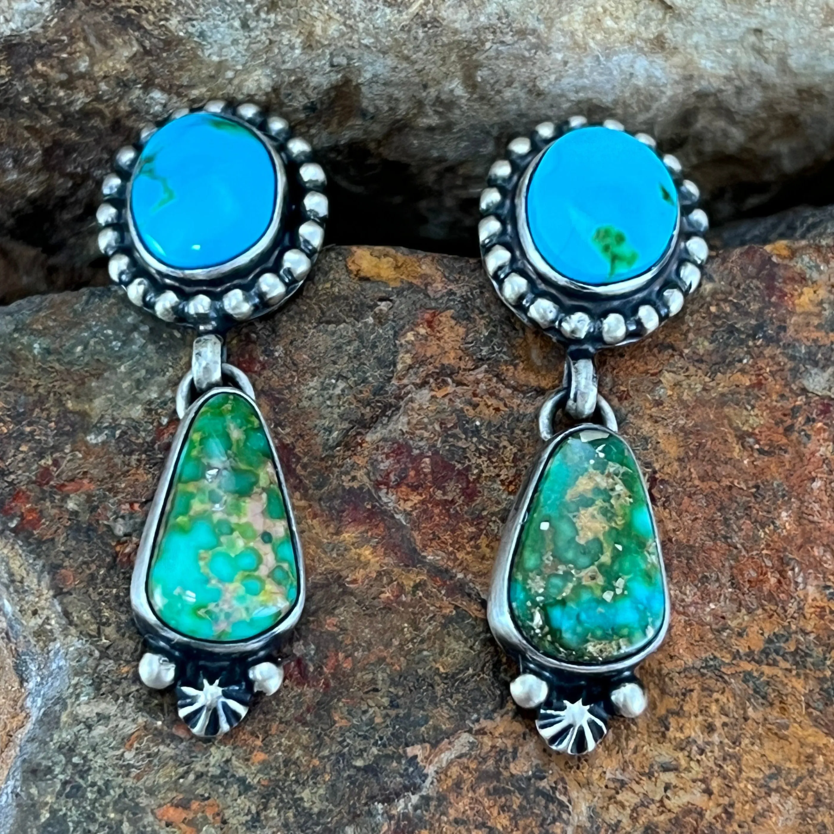 Sonoran Gold Turquoise Two-Stone Sterling Silver Earrings by Loretta Degarito