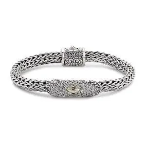 SS/18K 7MM WOVEN CHAIN BAR BRACELET W/ PAVE WHITE TOPAZ