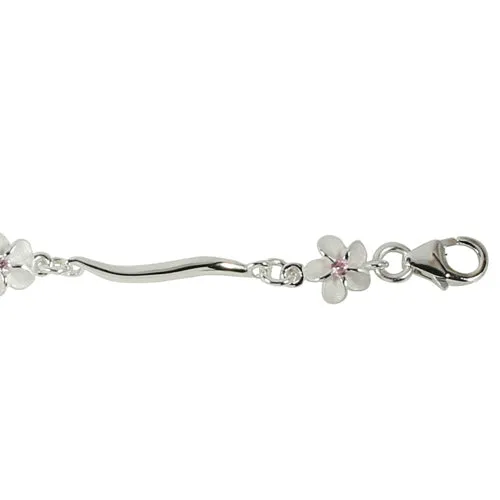 Sterling Silver 6mm Plumeria with Pink CZ Wave Bar Bracelet