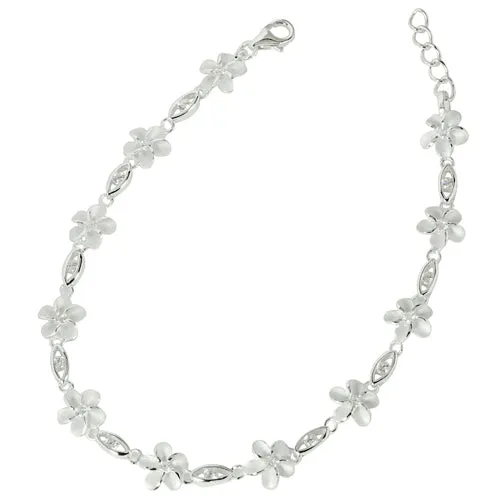 Sterling Silver 8mm Plumeria Link Eye Shape with CZ Bracelet