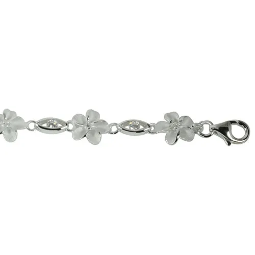 Sterling Silver 8mm Plumeria Link Eye Shape with CZ Bracelet