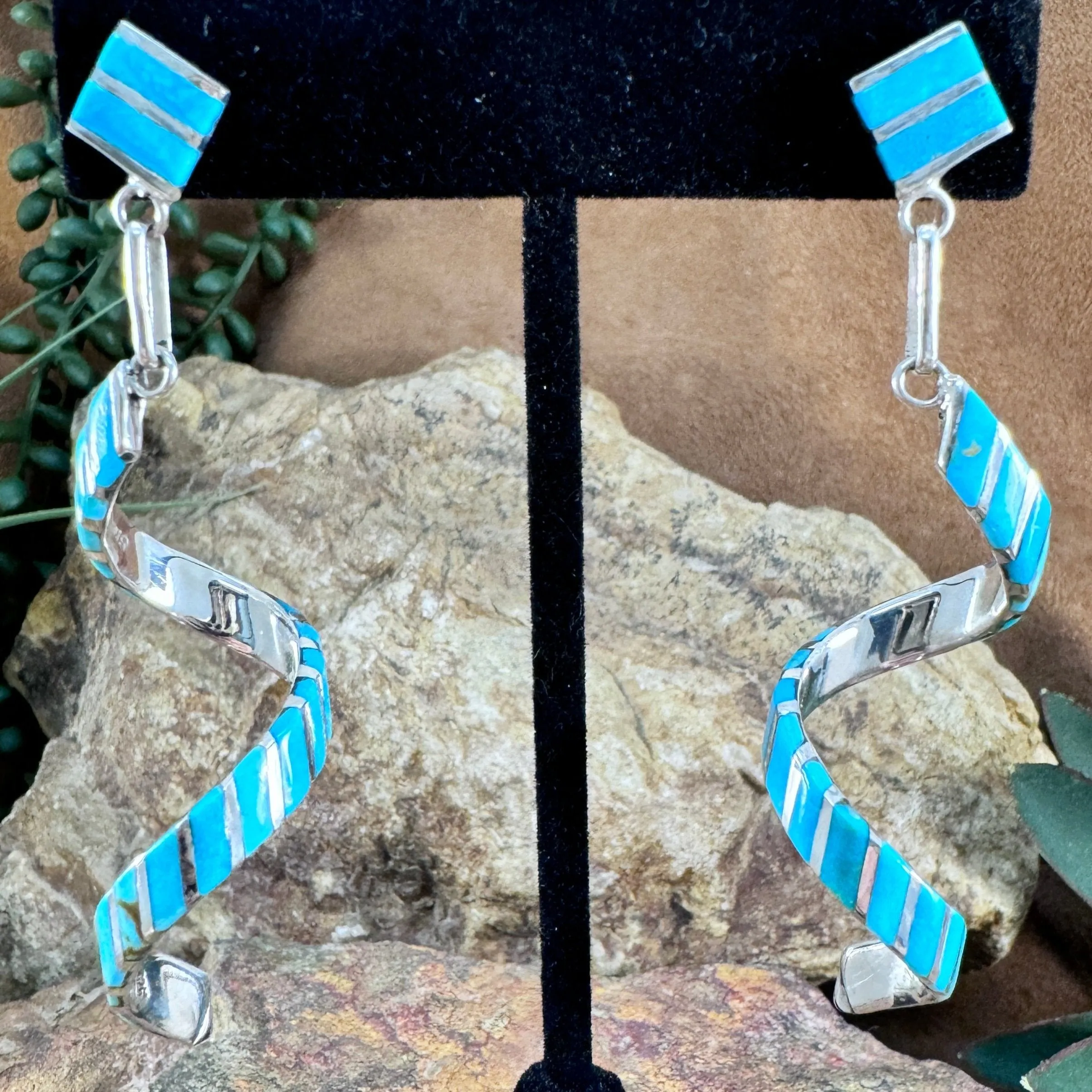 Sterling Silver and Kingman Turquoise Spiral Drop Earrings by Shawn Sheyka