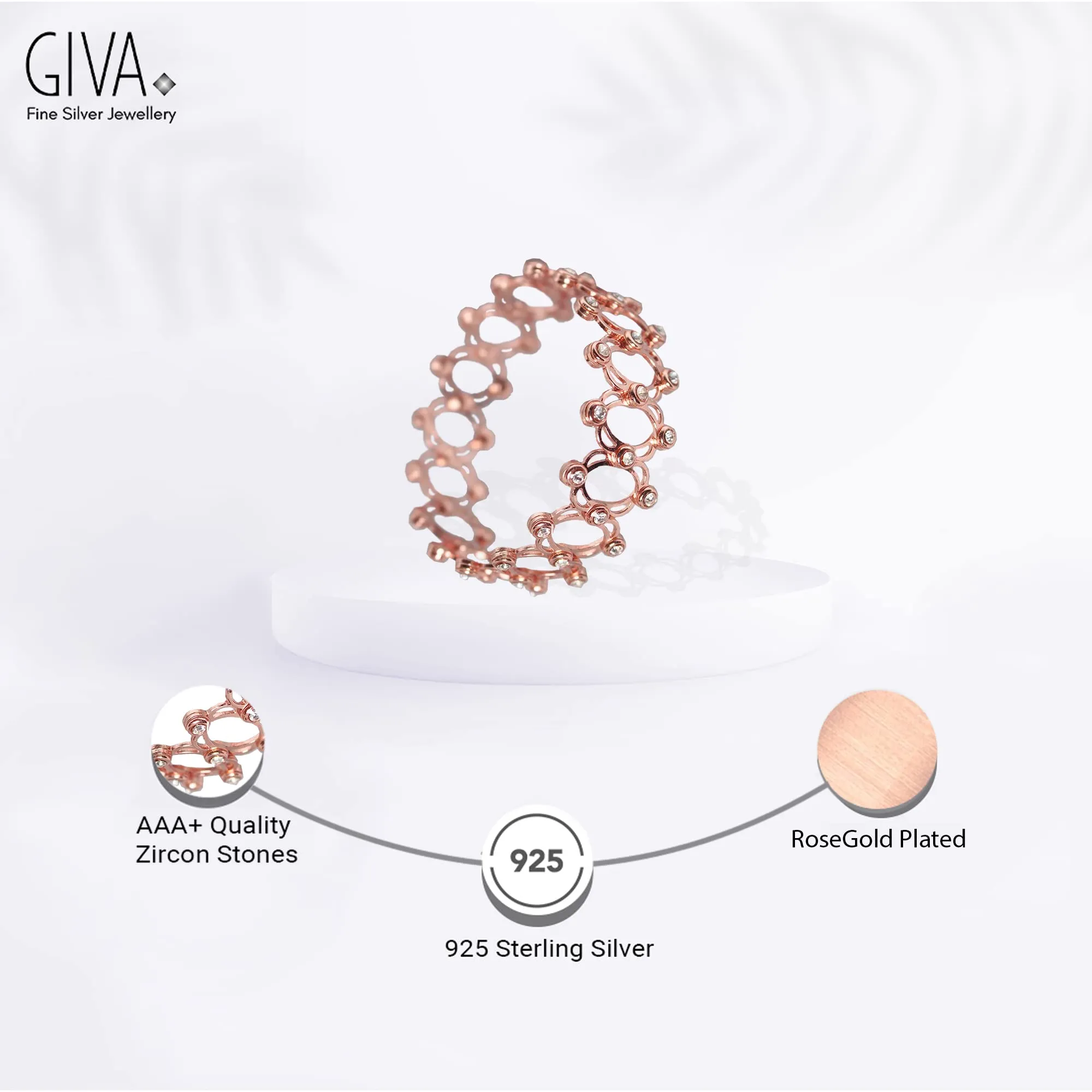 Sterling Silver Hypoallergenic Retractable Bracelet to Ring Rose Gold plated Bracelet for Women