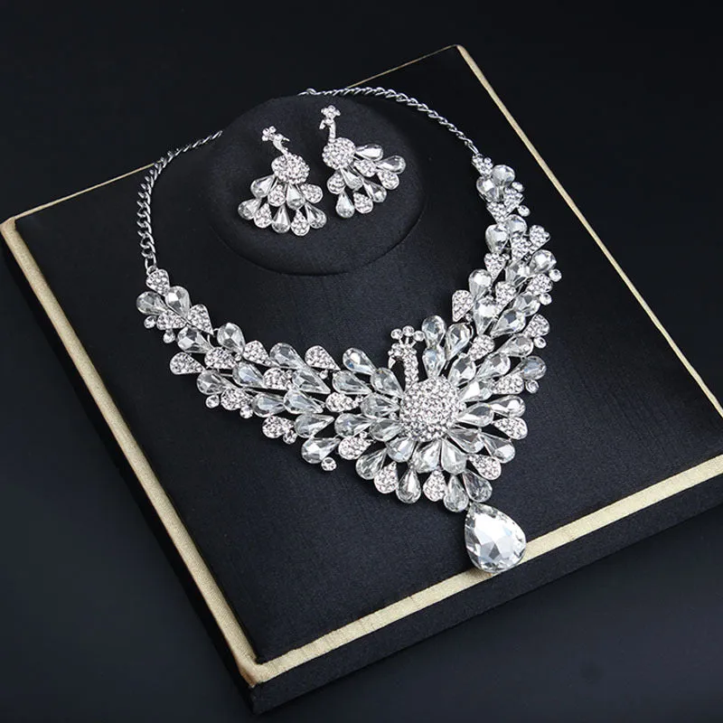 Super flash crystal gem peacock necklace earrings set chain dress jewelry