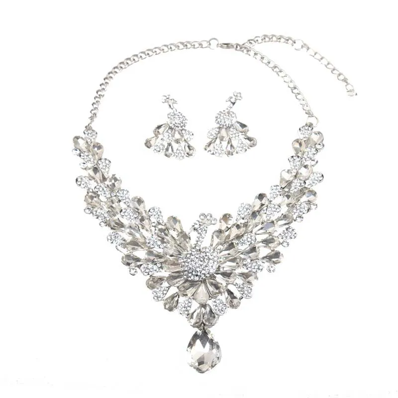 Super flash crystal gem peacock necklace earrings set chain dress jewelry