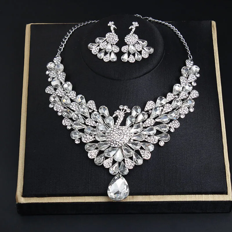 Super flash crystal gem peacock necklace earrings set chain dress jewelry