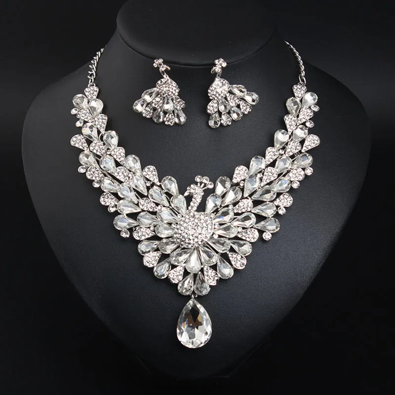 Super flash crystal gem peacock necklace earrings set chain dress jewelry