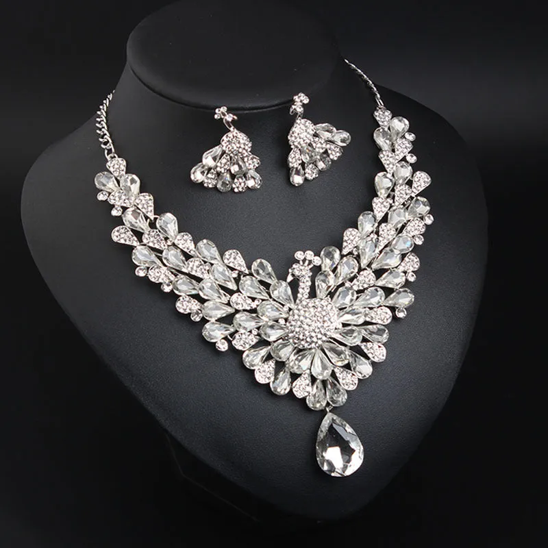 Super flash crystal gem peacock necklace earrings set chain dress jewelry