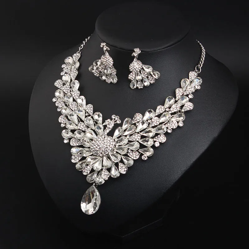 Super flash crystal gem peacock necklace earrings set chain dress jewelry