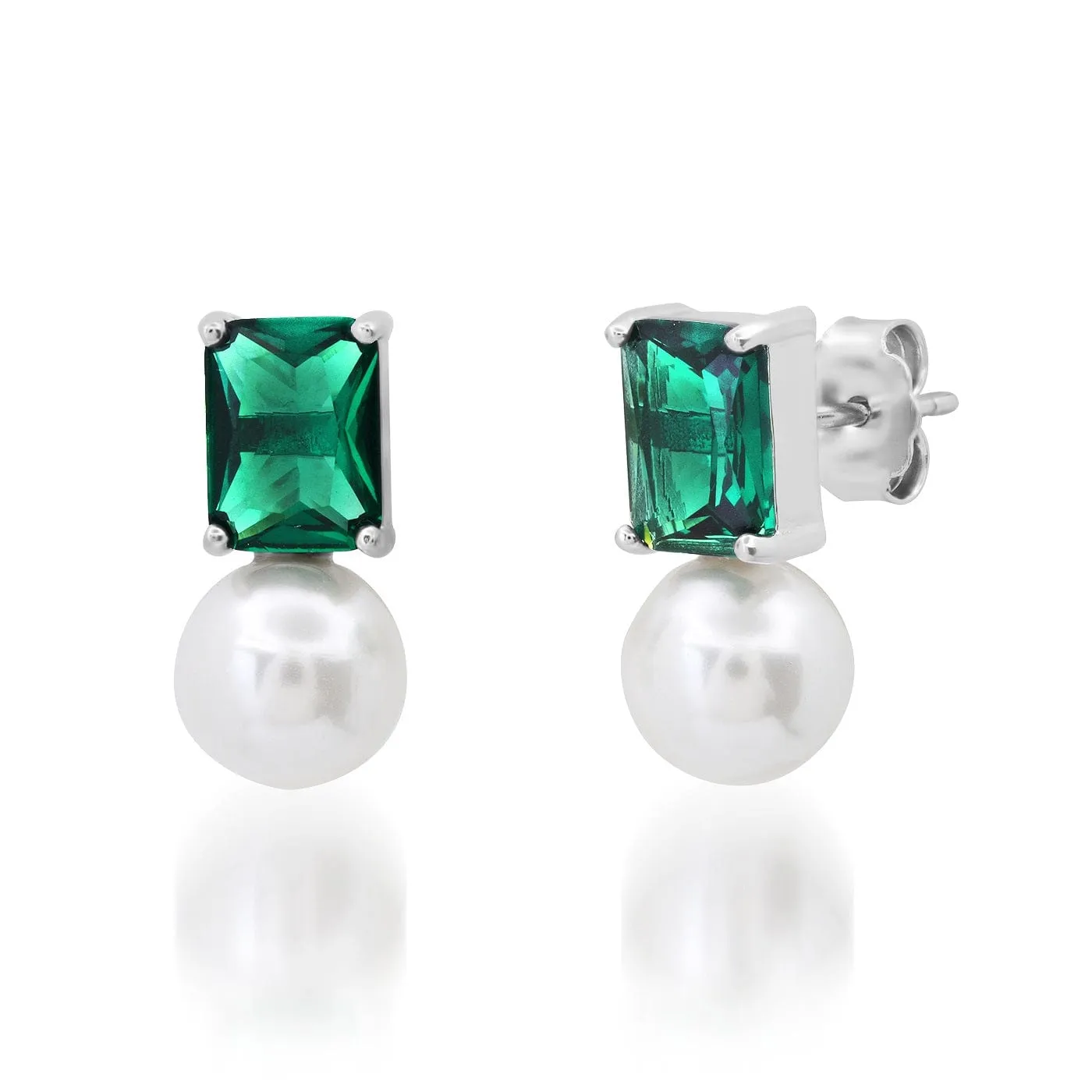 TAI Emerald Cut  Pearl Stud Earrings