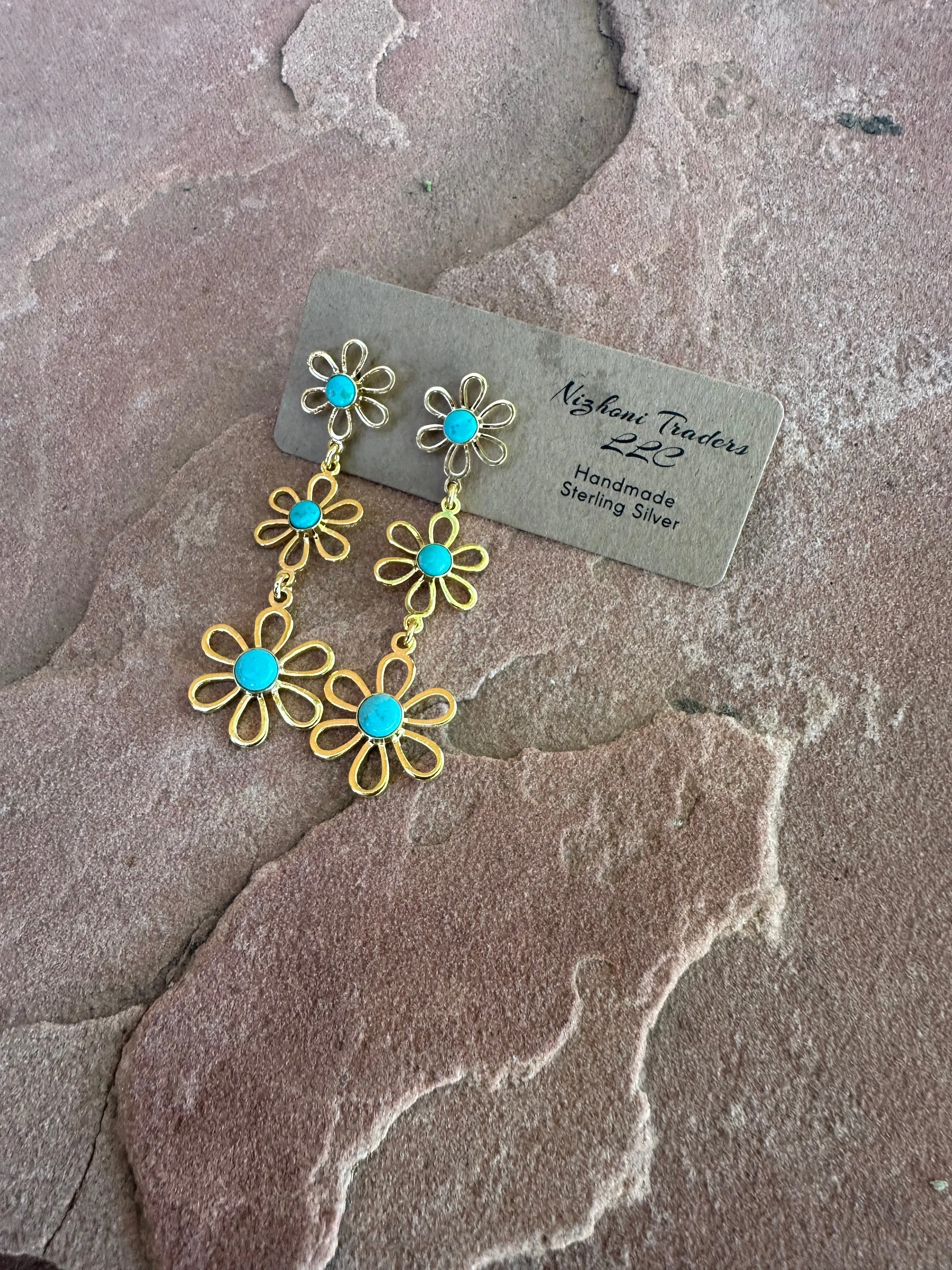 “The Golden Collection” Natural Turquoise Daisy 3 Stone Handmade 14k Gold Plated Earrings