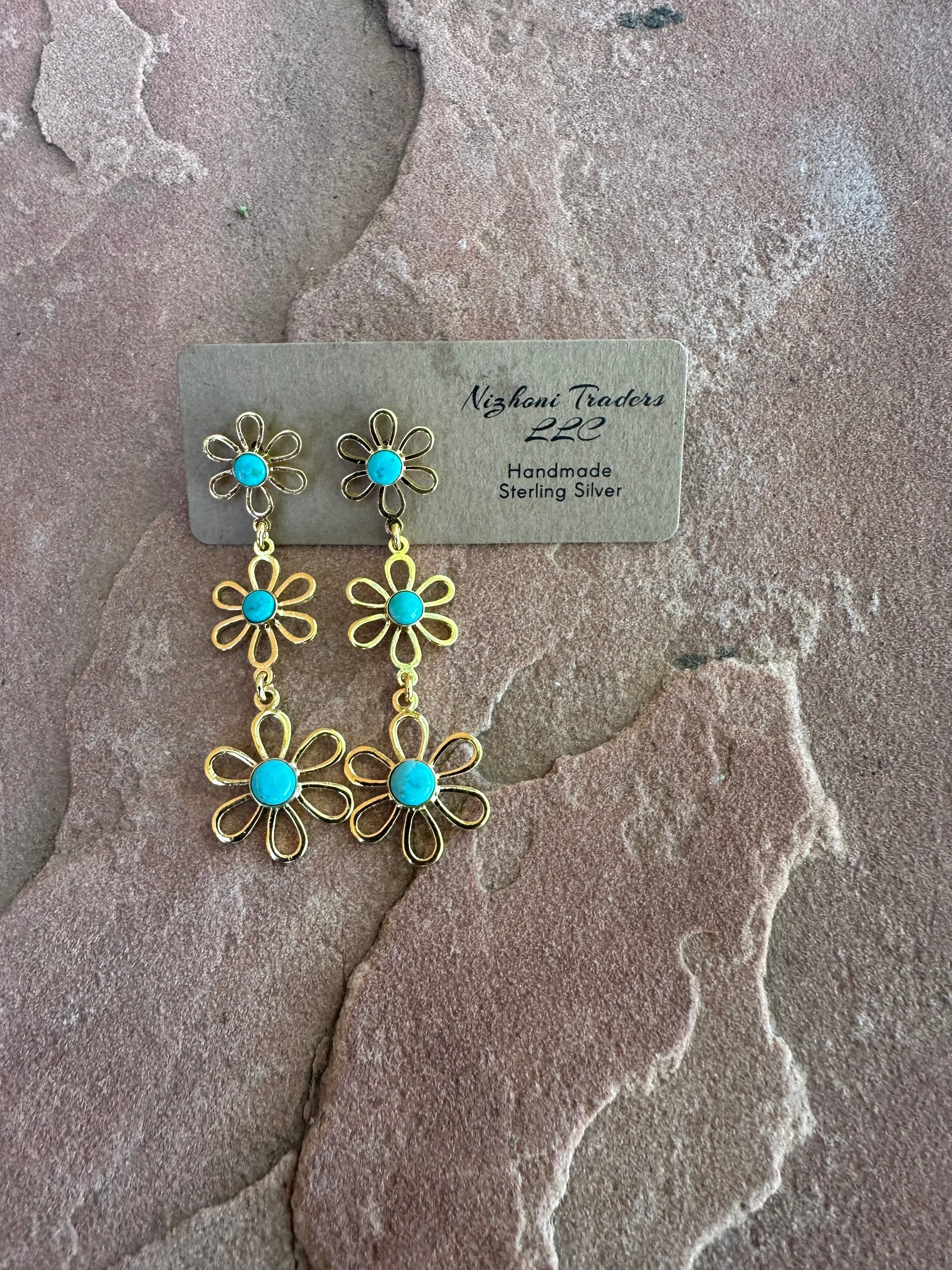 “The Golden Collection” Natural Turquoise Daisy 3 Stone Handmade 14k Gold Plated Earrings