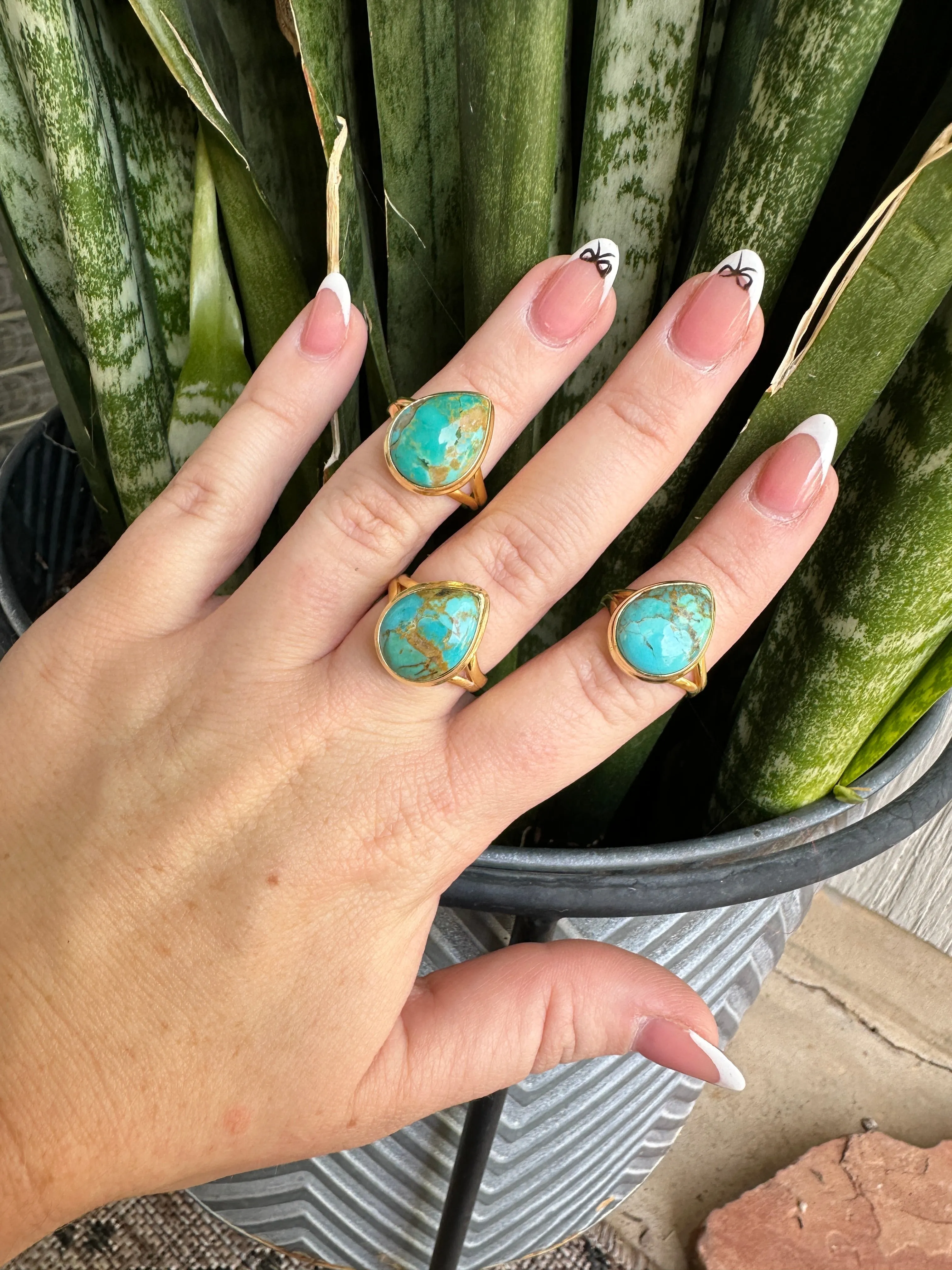 “The Golden Collection” SINGLE TEAR DROP STONE Handmade Natural Turquoise 14k Gold Plated Adjustable Ring