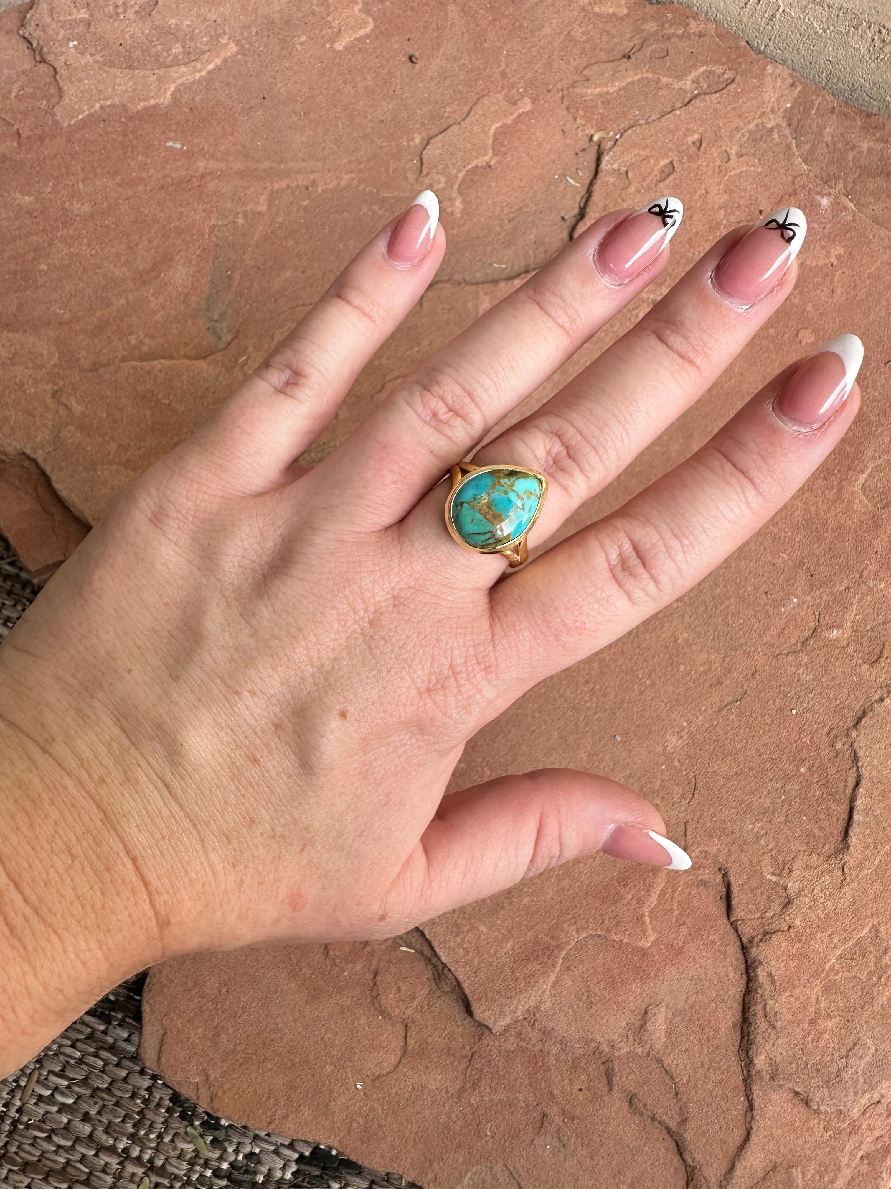 “The Golden Collection” SINGLE TEAR DROP STONE Handmade Natural Turquoise 14k Gold Plated Adjustable Ring