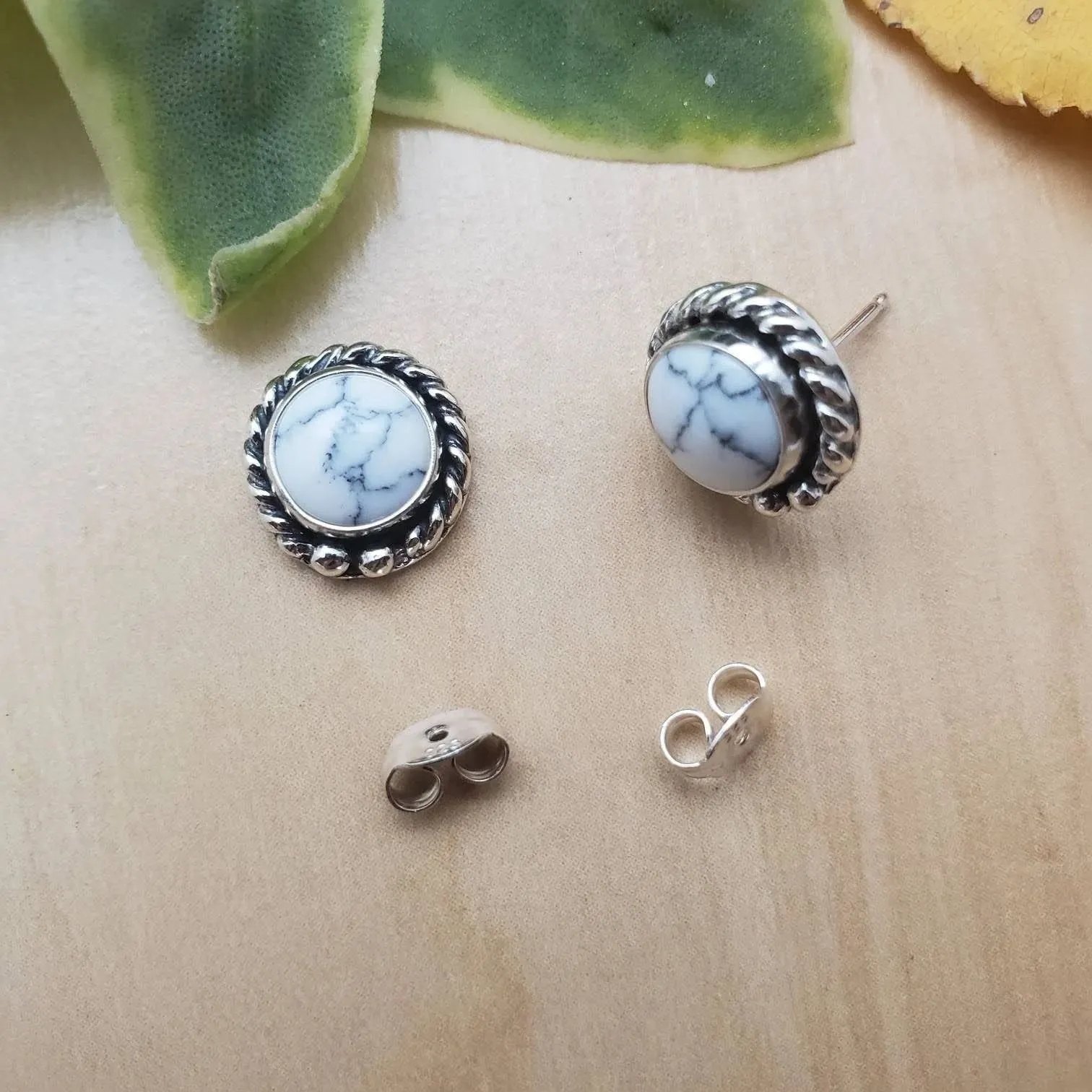 Turquoise White Stone Marble Finished Silver Polished Daily wear Stud, which can go on Ethenic as well as to your Western Wears, Classy, Elegant, White Earrings for Women