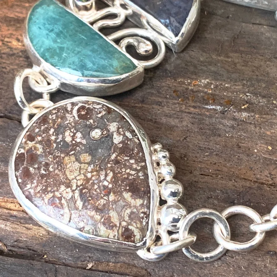 Unique multi gemstone heavy silver bracelet with toggle clasp