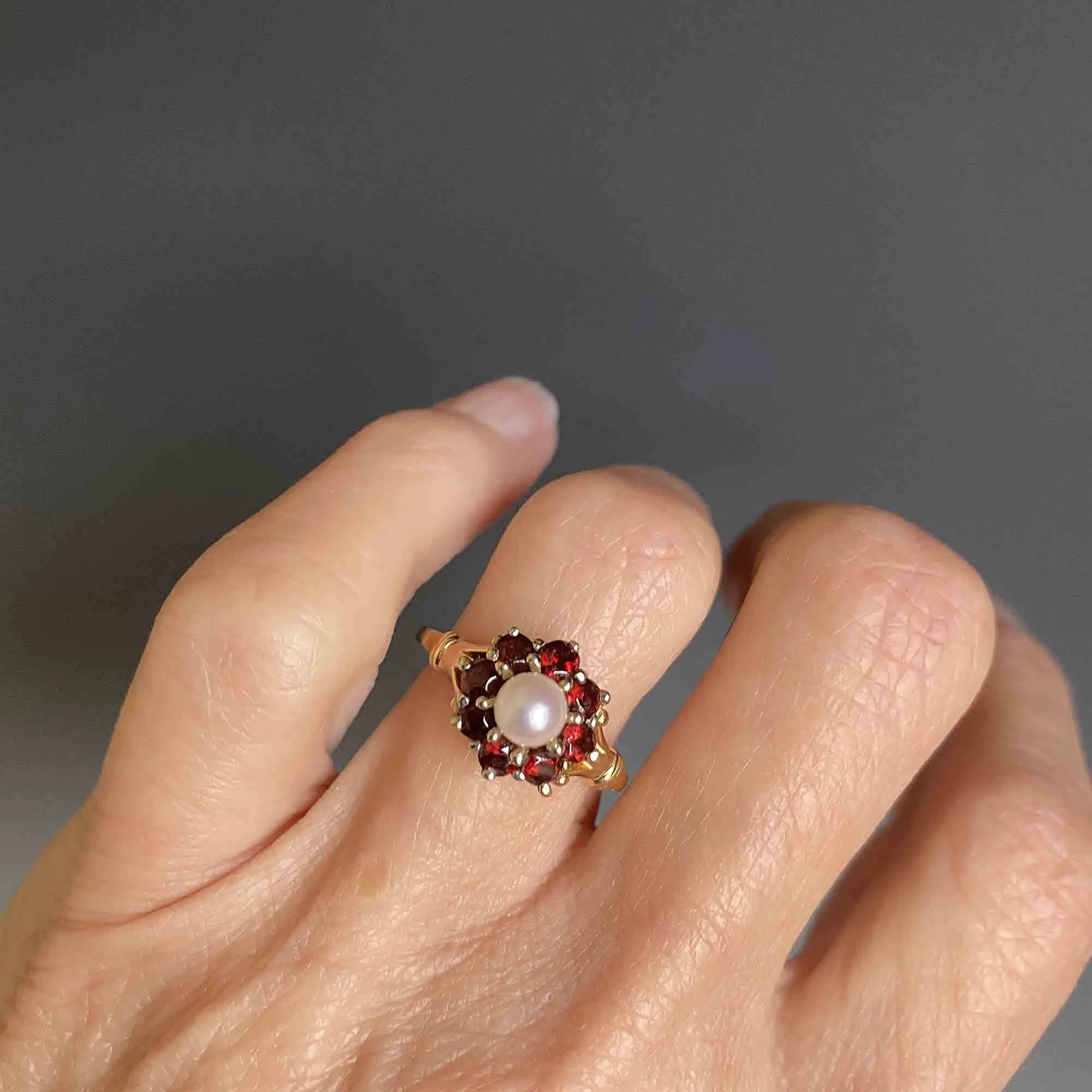 Vintage 14K Gold Pearl Garnet Halo Ring, Sz 7.5