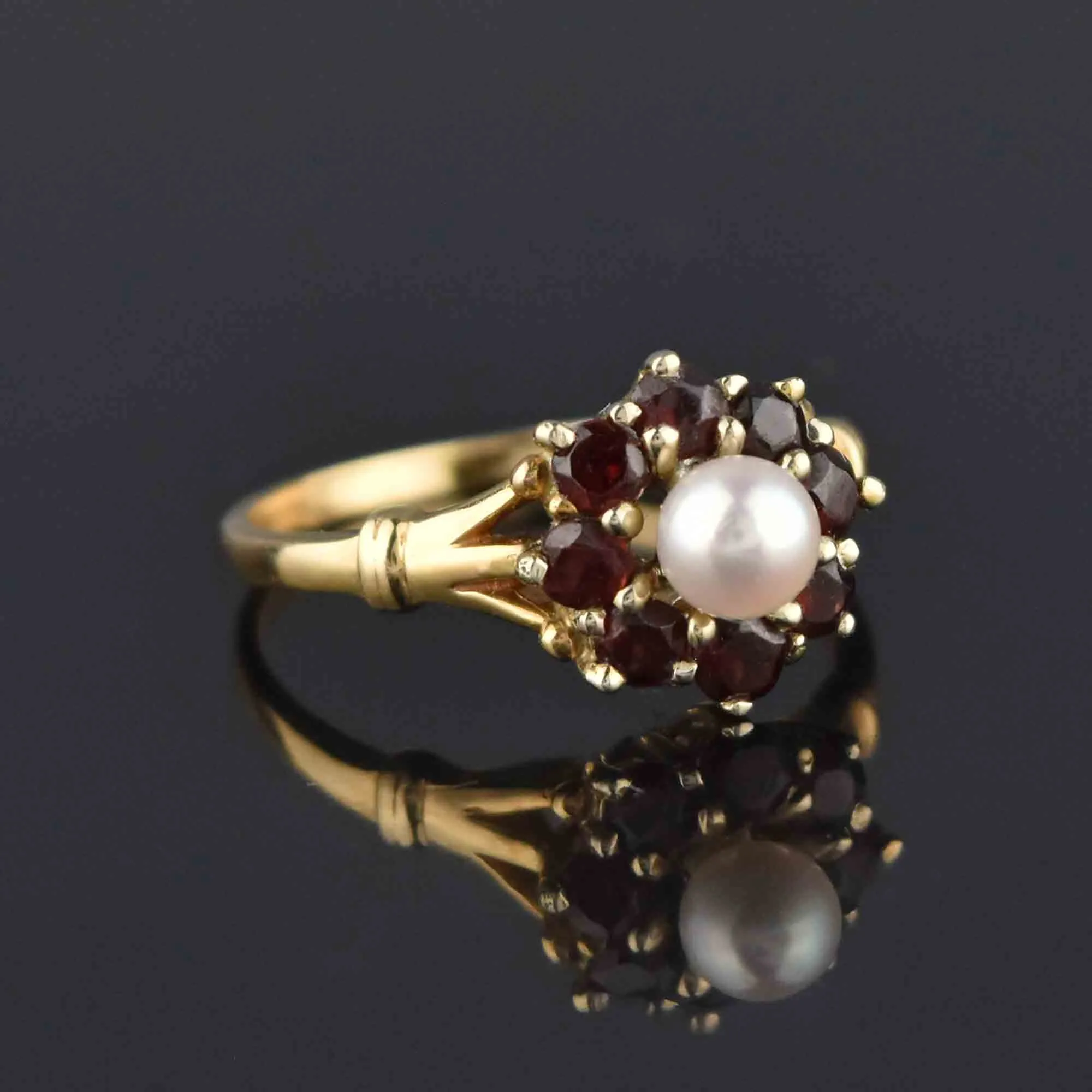 Vintage 14K Gold Pearl Garnet Halo Ring, Sz 7.5