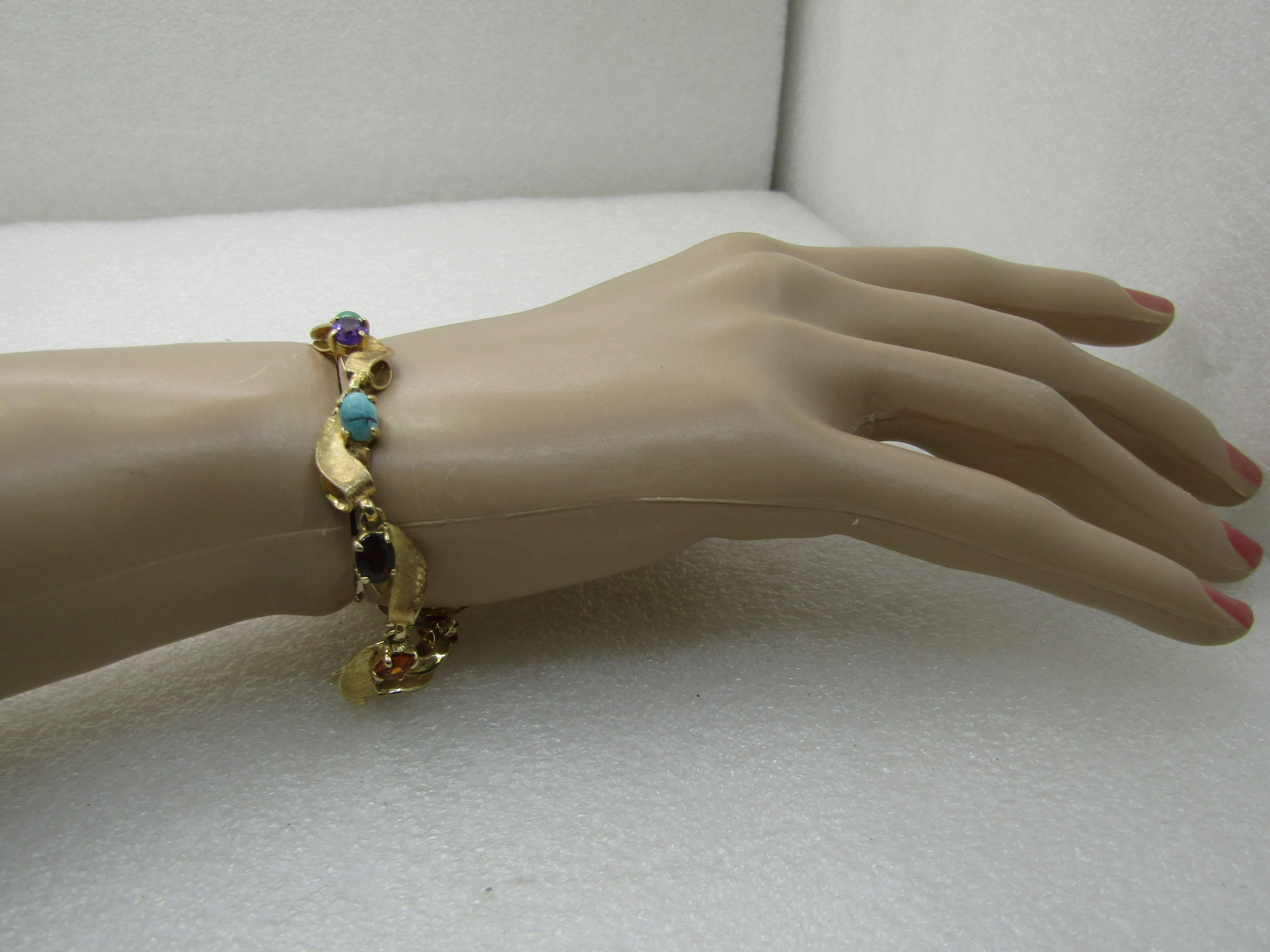 Vintage 14kt Mixed Gemstone Leaf Bracelet,  7", Safety Chain