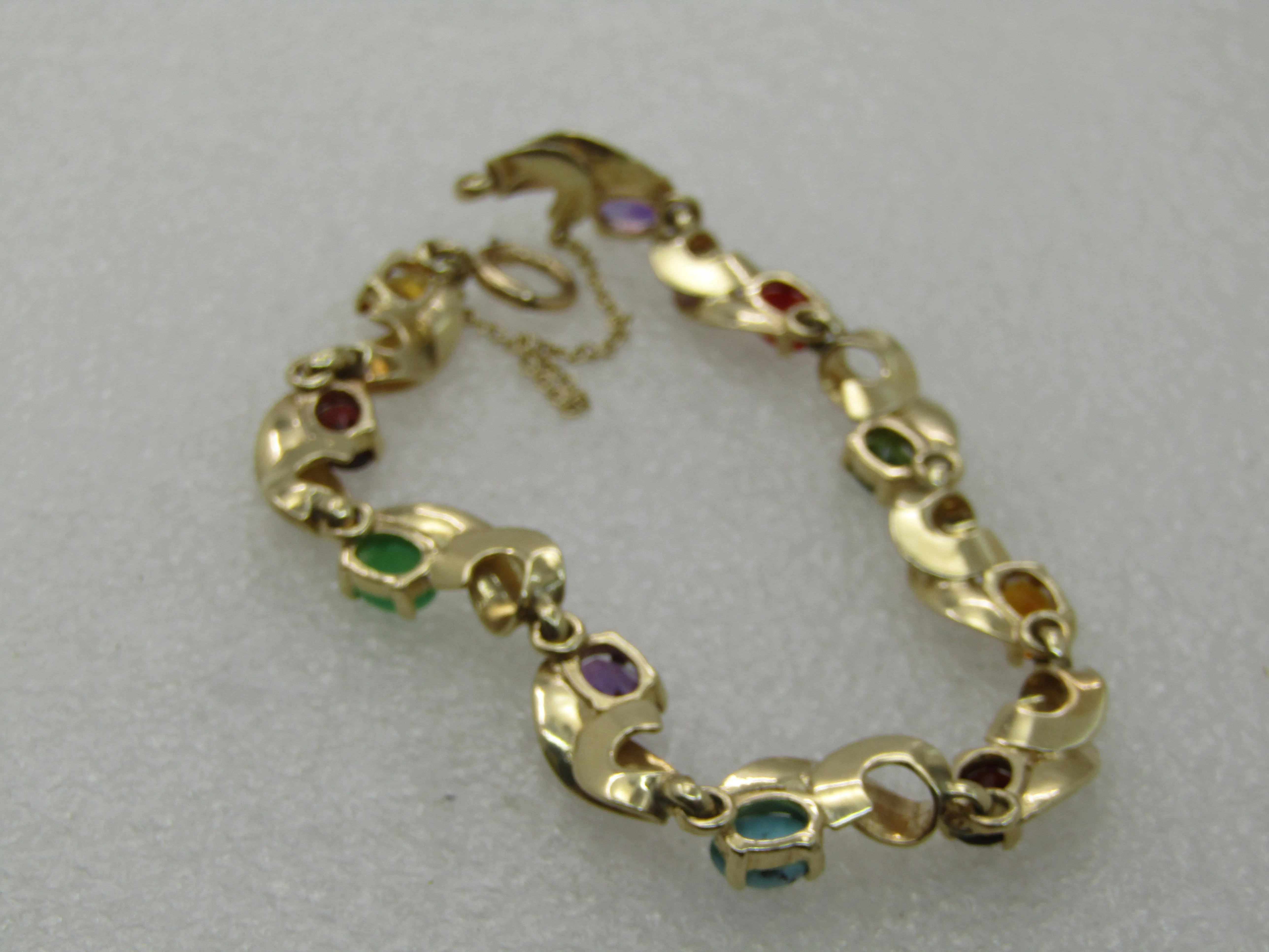 Vintage 14kt Mixed Gemstone Leaf Bracelet,  7", Safety Chain