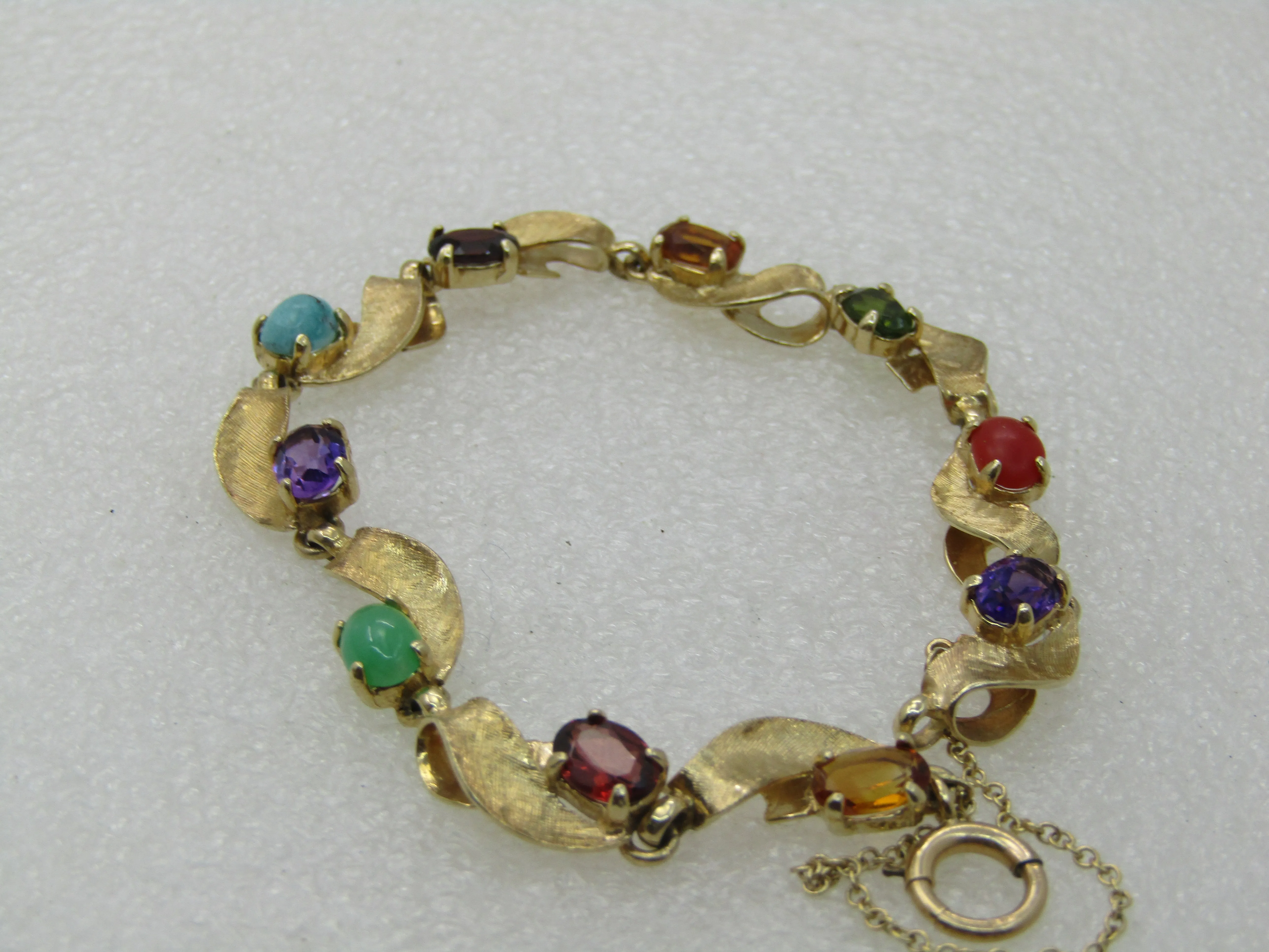 Vintage 14kt Mixed Gemstone Leaf Bracelet,  7", Safety Chain