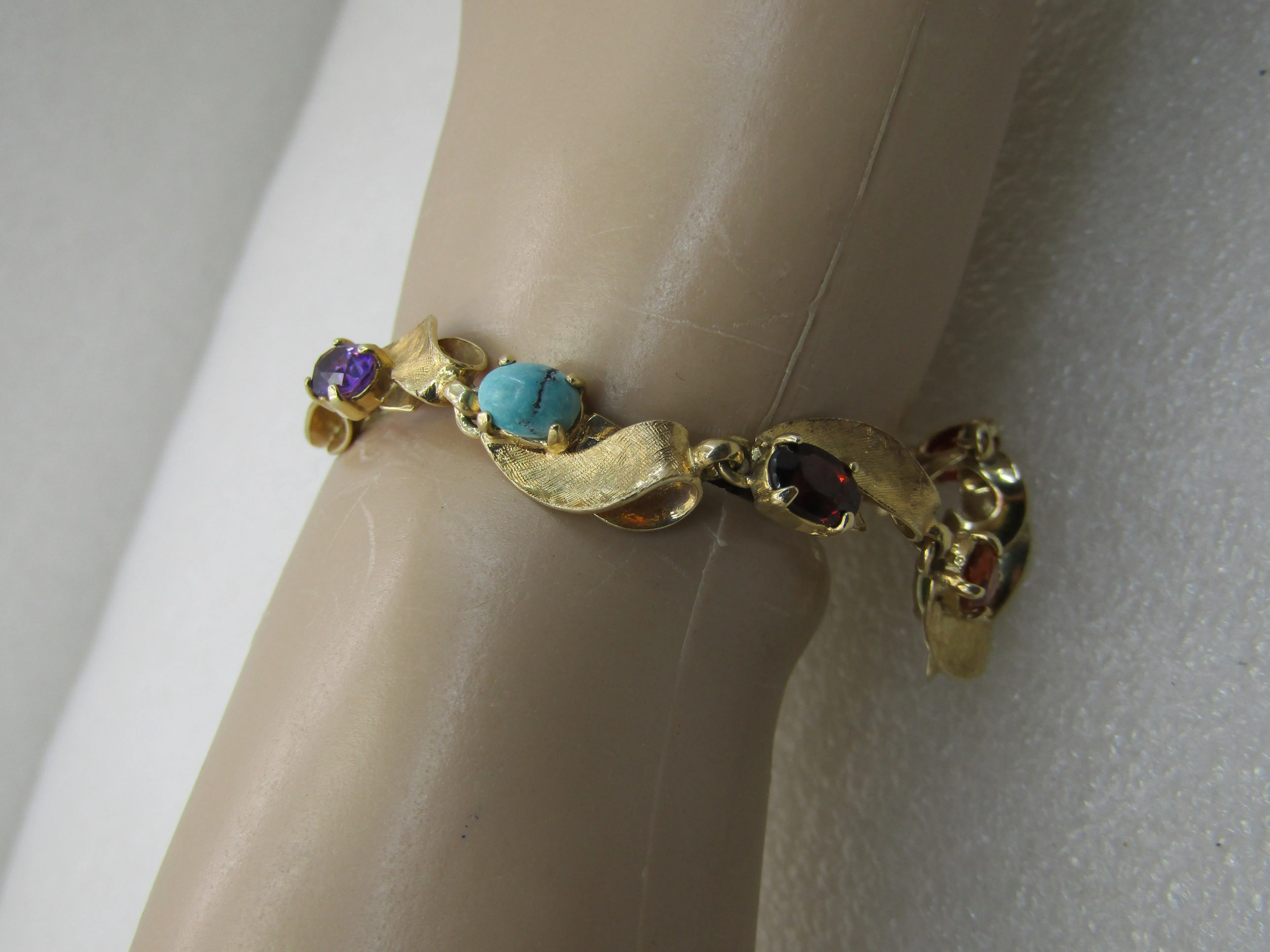 Vintage 14kt Mixed Gemstone Leaf Bracelet,  7", Safety Chain