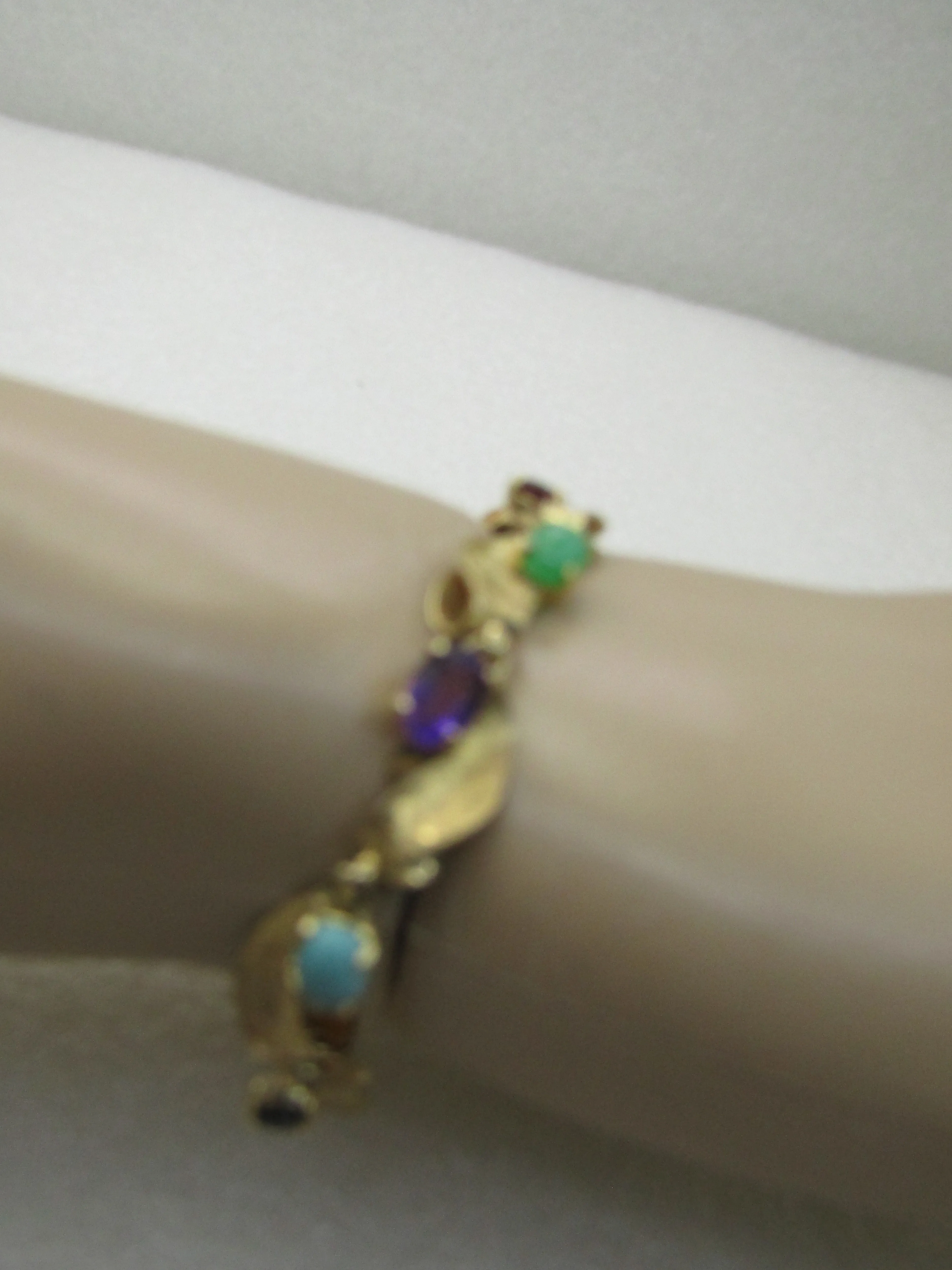 Vintage 14kt Mixed Gemstone Leaf Bracelet,  7", Safety Chain