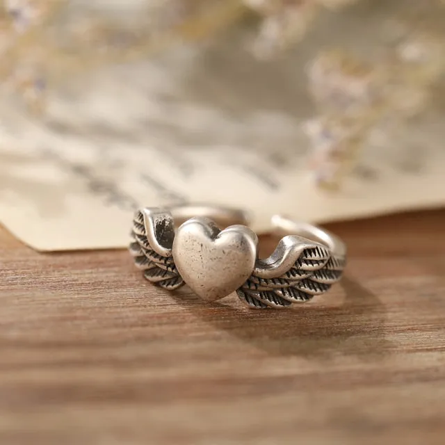 Vintage Silver Plated Angel Wings Ring for Womens Gothic Punk Steampunk Heart Butterfly Skull Ring Sets Party Jewelry 2021