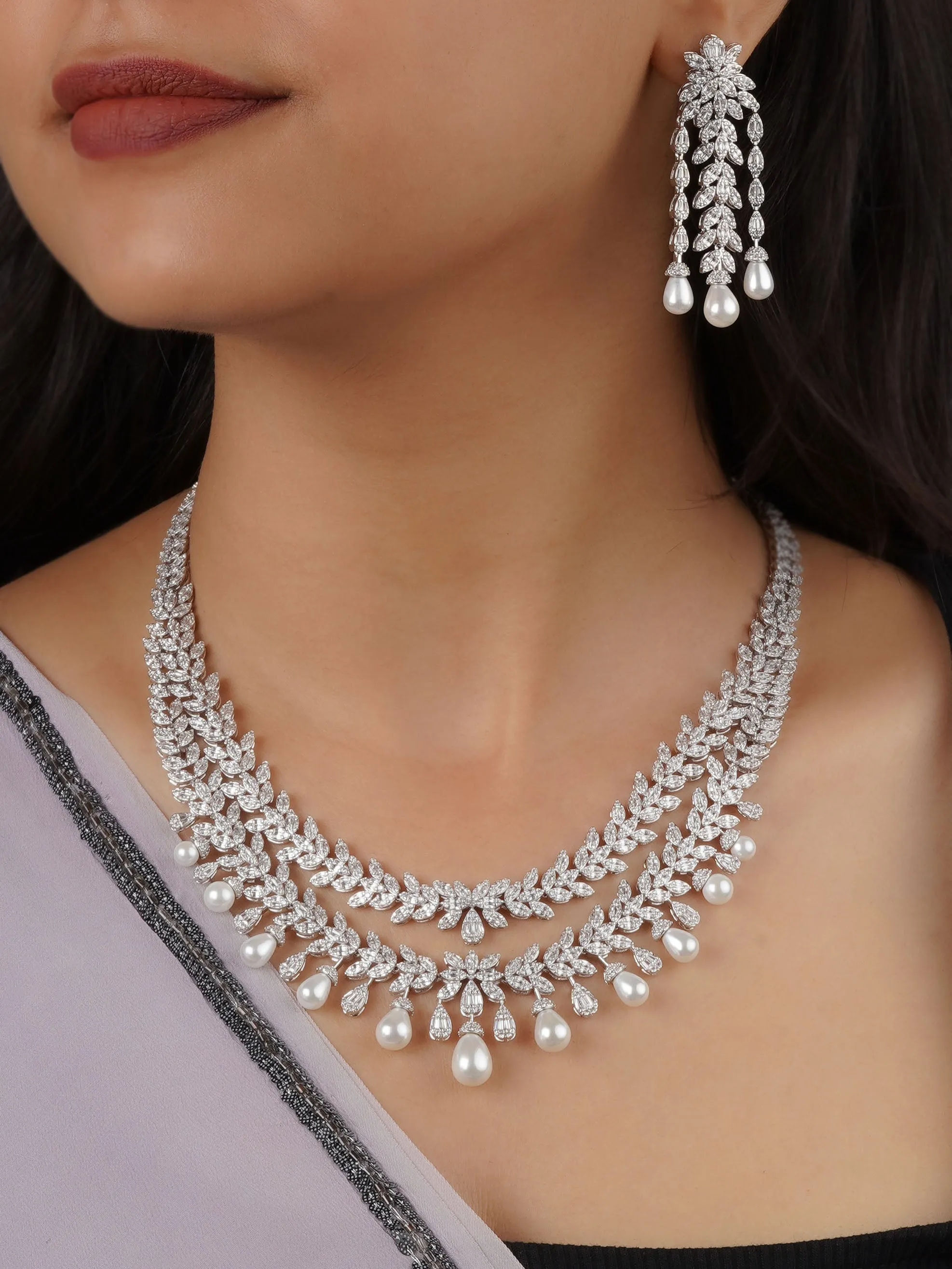 White Color Silver Plated Faux Diamond Necklace Set - CZSET342