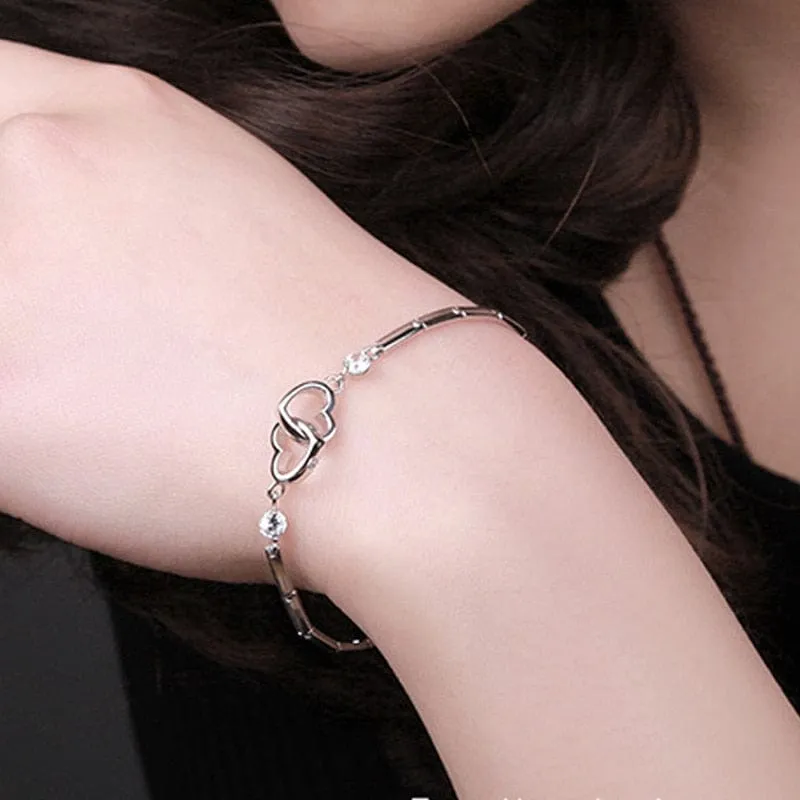 Women's Double Heart Sterling Silver Bracelet